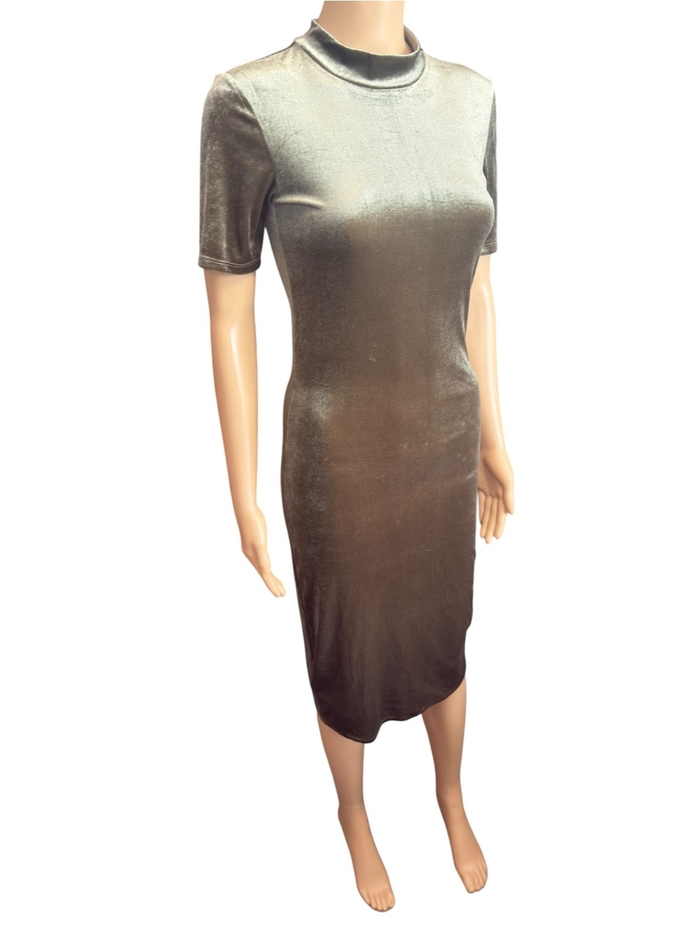 ZARA Velvet Mock Neck Midi Dress in Olive Green